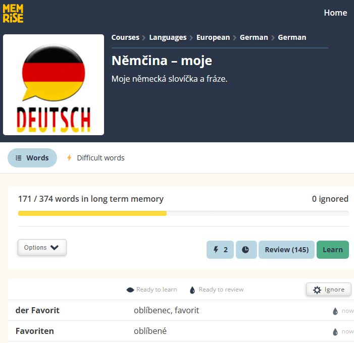 Vlastní Memrise kurz